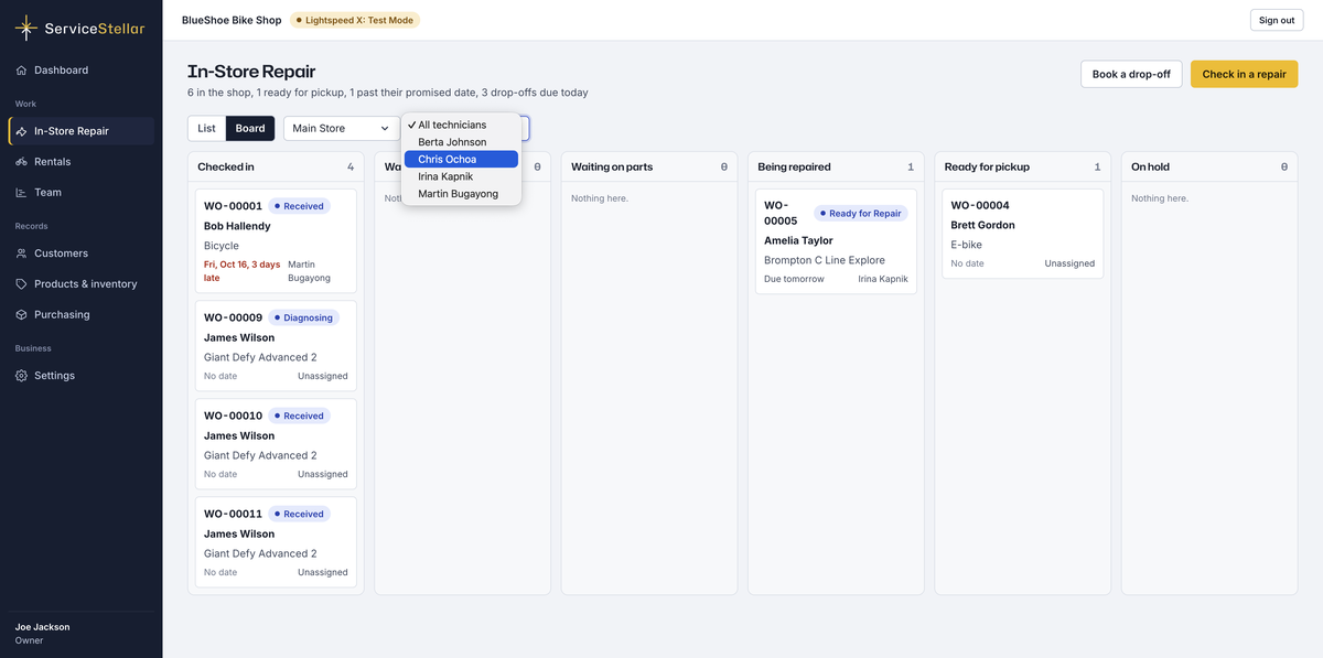 The ServiceStellar app showing the In-Store Repair board, with repair tickets in columns from Checked in to Ready for pickup